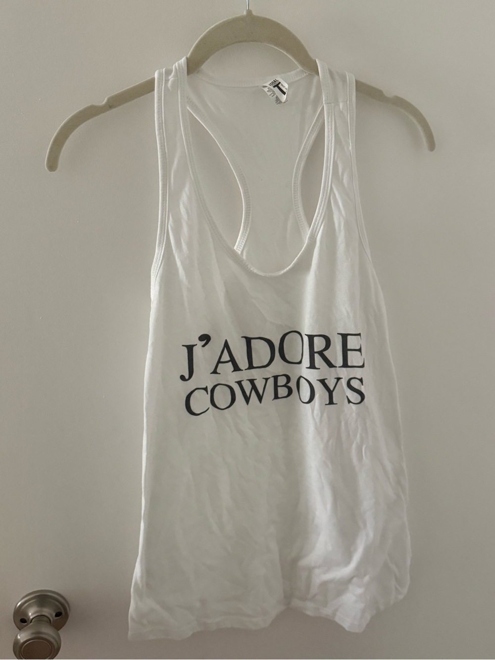White Graphic Racerback Tank Top with 'J'ADORE COWBOYS' Print